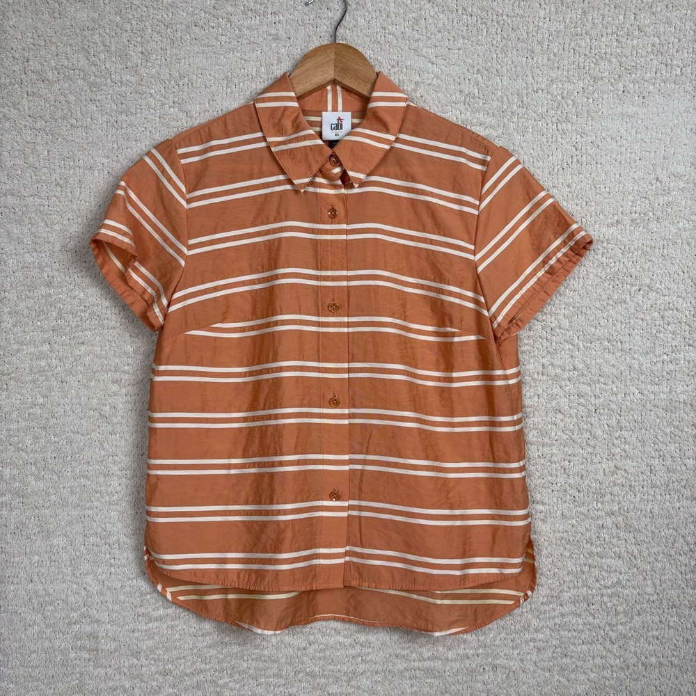 Cabi Top Womens XS Peach Camp Shirt Button Down Front Collar Stripe Short Sleeve